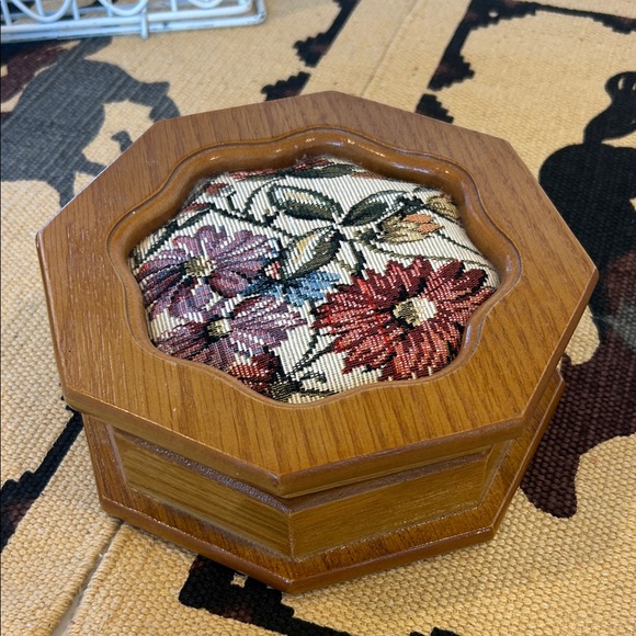 Vintage Other - Vintage Wooden Octagon Jewelry Box with Floral Needlepoint Top